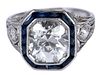14kt. 3.28ct. Old European Cut Diamond, and Blue Sapphire Ring - GIA