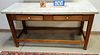19TH C PINE MARBLE TOP 2 DRAWER BAKERS TABLE 30-3/4"H X 59"W X 25'D