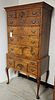 TIGER MAPLE 2 PART QA STYLE HIGHBOY MADE BY HAROLD L.HAYES WATERFORD CT. 6'HX3'W X18.75"D W/ LABEL ON BACK