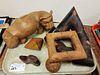 TRAY WOODEN ITEMS-HAITIAN COW 6"H X 11"L, 19THc SHOE WHIMSEY SNAKE POPS OUT 2 1/2" X 4 1/2"L, WOODEN HEART, SQUARE, BALL & TANGLE