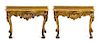 * A Pair of Rococo Style Giltwood Console Tables Height 37 x width 58 x depth 26 inches.