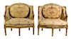 A Pair of French Transitional Style Carved Giltwood Canapes Height 39 x width 37 3/4 x depth 28 inches.