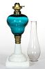 FREE-BLOWN COLORED GLASS KEROSENE STAND LAMP