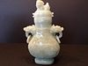 A Fine Chinese White Jade Vase with Foo Lion lid, 8 1/2" H x 5" wide. Large and heavy.