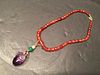 ANTIQUE Chinese Blood Amber Necklace with thin yellow metal chain and pandent, 16" long
