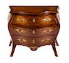 An Italian Walnut Parquetry Inlaid Commode Height 31 1/2 x width 37 x depth 21 inches.