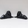 Pair of English Black Painted Cast Iron Reclining Lion Andirons