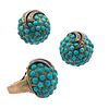 14k Gold Set of Ring & Earrings with Turquoises & Diamonds