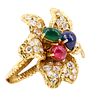 Diamonds, Gemstones & 18k  Gold Flower Ring