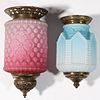 VICTORIAN CASED AND EMBOSSED GLASS HANGING HALL LAMPS, LOT OF TWO