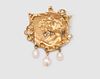 14K Yellow Gold, Diamond, and Pearl Brooch