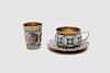 Russian 916 Silver Gilt and Cloisonne Enamel Cup and Saucer and Vodka Cup