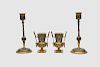 F. BARBEDIENNE Champleve Bronze Candlesticks and Diminutive Urns