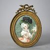 French Miniature Watercolor Portrait Painting in Gilt Bronze Frame by Molière