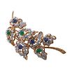 French 18k Gold 8ctw Diamond Sapphire Emerald Brooch