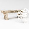 One Composition Garden Bench with a White Painted Cast-Iron Garden Chair