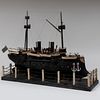 American Vintage Carved and Painted Model of a Colonial Steam Driven Two-Masted Warship                                                          