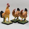 Pair of Portuguese Caldas Glazed Models of Hens and a Rooster