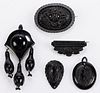 VICTORIAN ANTIQUE CARVED WHITBY JET MOURNING / FASHION JEWELRY, LOT OF FIVE
