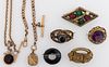 VICTORIAN / ANTIQUE GOLD-FILLED AND OTHER BROOCHES AND POCKET WATCH CHAINS, LOT OF SEVEN