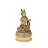 A CHINESE GILT GLAZED PORCELAIN KNEELING BODHISATTVA WITH STAND, 18TH CENTURY 