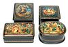 Russian Lacquer Hinged Boxes W 3" L 4" 4 pcs