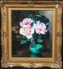  STILL LIFE OF FLOWERS CAMELLIA'S IN GLASS VASE OIL PAINTING