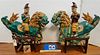 PR. CHINESE GLAZED POTTERY TEMPLE DOGS W/RIDERS 23"H X 26"W X 6 1/2" ON WOODEN STANDS