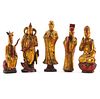 Grouping of Five (5) 19/20th Century Chinese Wood Carved Gilt Painted Figurines