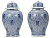 Large Pair Chinese Blue and White Lidded Porcelain Temple Jars