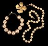 One Designer Flower Brooch, and Two Golden Tone Pearl Bead Necklaces