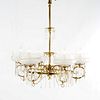 Large Antique Aesthetic Brass Gas Chandelier With Cut Glass Shades & Crystals