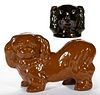 AMERICAN EARTHENWARE / REDWARE DOG FIGURAL BANKS, LOT OF TWO