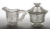PRESSED LACY ACANTHUS LEAF AND SHIELD CREAMER AND COVERED SUGAR BOWL