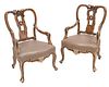 Pair of Venetian Rococo Style Fruitwood and Parcel Gilt Armchairs