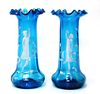 Pair Mary Gregory Teal Victorian Art Glass Vases