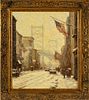 Laurence Campbell (American, B. 1939) Oil On Canvas, "Snow Storm, Ben Franklin Bridge, Philadelphia", H 26" W 22"