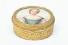 French Porcelain Plaque & Gilt Metal Pin Box, Ca. 1900, H 1.5" Dia. 3.75"