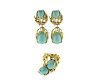 1970s 14K Gold Turquoise Diamond Earrings Ring Set