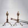 Pair of Engraved Bell Metal Lemon-top Andirons and Matching Tools