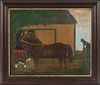 American School, 19th Century      Portrait of a Horse with Cat and Dog in Front of a Barn