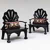 Pair of Large Black Lacquer Shellback Armchairs with Needlework Griffin Pillows