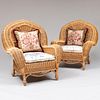Pair of Large Wicker and Upholstered Armchairs
