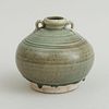 CHINESE CELADON-GLAZED POTTERY SPHERICAL FOOTED VASE