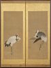 PAIR OF JAPANESE PAINTED-PAPER TWO-FOLD SCREENS WITH CRANES