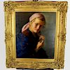 Lajos Rezes Molnar Oil on canvas woman with pink bonnet