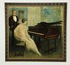 Oil on artist board - American School, 20th century. Depicting 1930's era couple seated at piano. 41"h x 42 1/4"w