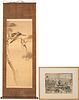 Japanese Scroll Painting, Birds in Pine Tree, & Utagawa Yoshitora Woodblock Battle Scene