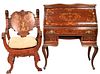Mahogany Marquetry Inlaid Slant Front Desk and Armchair