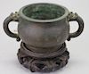 Signd Antique Chinese Double Handled Bronze Vessel